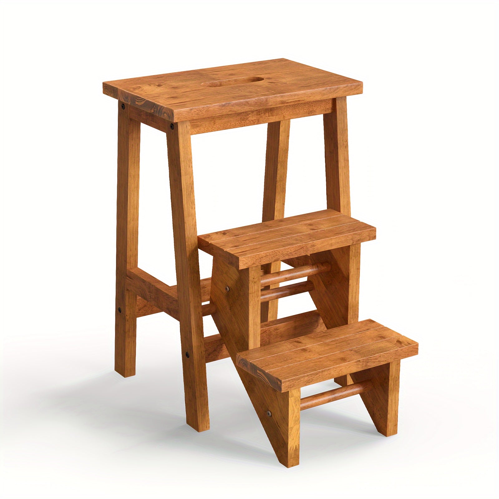 3-in-1 Folding Step Stool with 24" Storage Shelf - Multi-Function Coffee Brown Rubber Wood Ladder, Durable & Portable for Home, Garage, or Garden Use, Sturdy Ant-Slip Surface, 200 lbs Capacity Per Pedal, Garage Utility Ladder