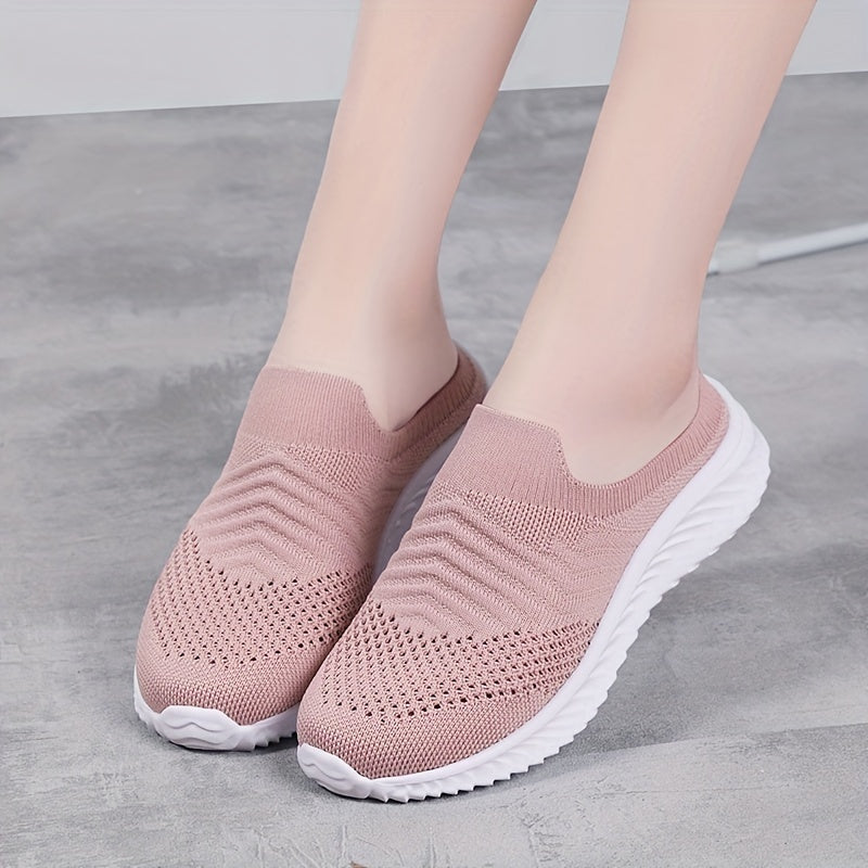 Women's Solid Color Knit Sneakers, Breathable Closed Toe Slip On Slippers, Casual Walking Mules