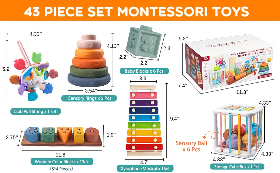 6-in-1 motor skills toys, sensory teething ring toys, baby wooden sorting and stacking toys, gifts for girls and boys 6, 9, 12 months 1, 12, and 3 years old children learning toys