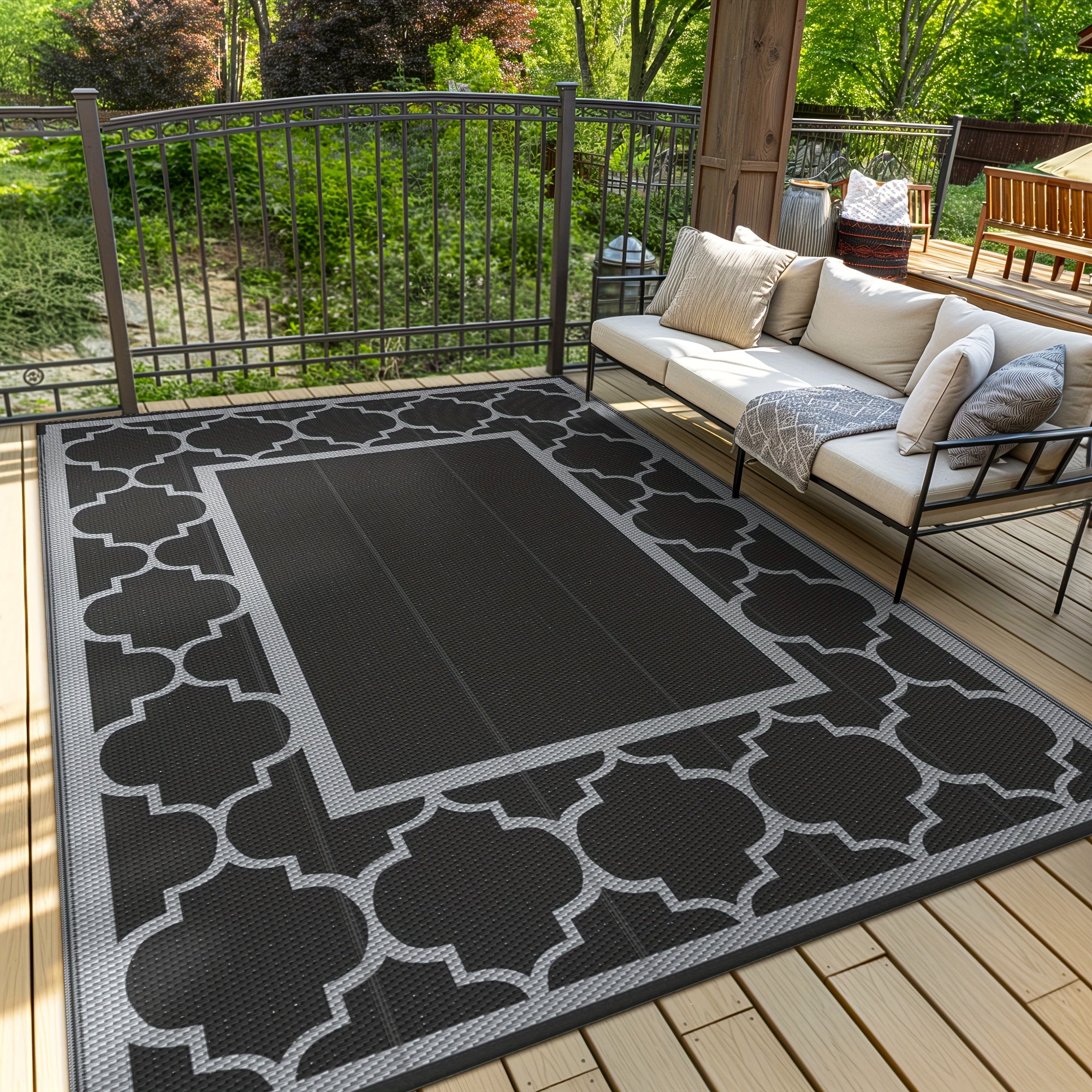 Outdoor Rug Patio Waterproof, Reversible Plastic Straw Area Rugs Mat For Camper Decor, Outside Carpet For Camping, Rv, Deck, Porch, Picnic, Beach, Balcony, Black & Grey
