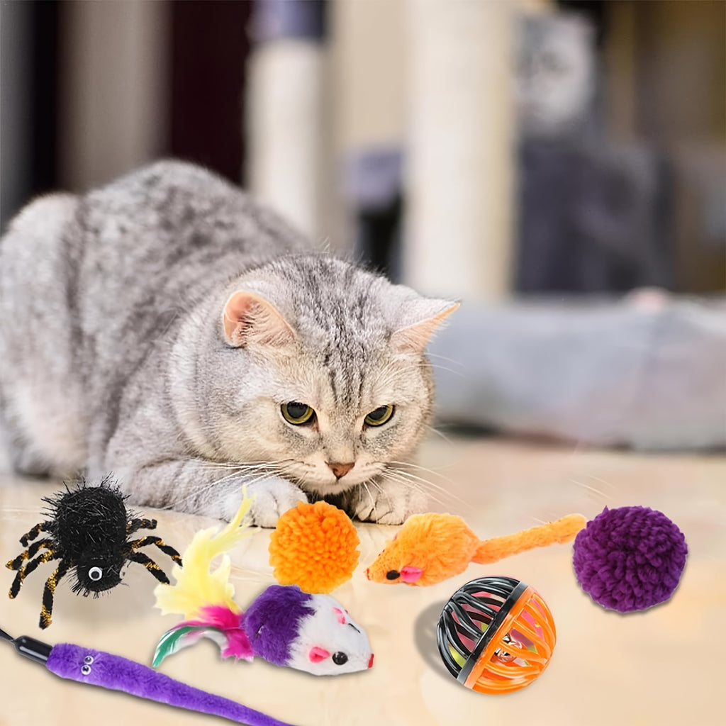 Festive Halloween Cat Toy Set: 1/3/5/8 Pcs Interactive Kitten Toys, Pumpkin Toys, Feather Toys, And More for Indoor Playtime