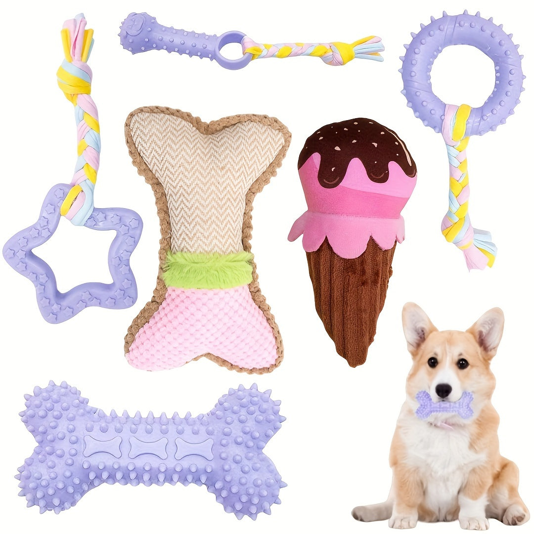 6pcs Puppy Teething Toys for Small Dogs - Cute Soft Rubber Chew Set with Rope, Interactive Bone Toys for Dental Health & Play