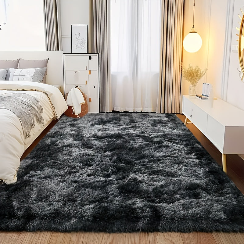 Luxurious Black and Grey Tie-Dye Shag Area Mat - Soft, Plush Modern Indoor Mat for Living Room or Bedroom Decor, Non-Slip, Machine Washable Polyester, Home Decor Mat | Modern Plush Mat | Polyester Fiber Mat, Rugs for Living R
