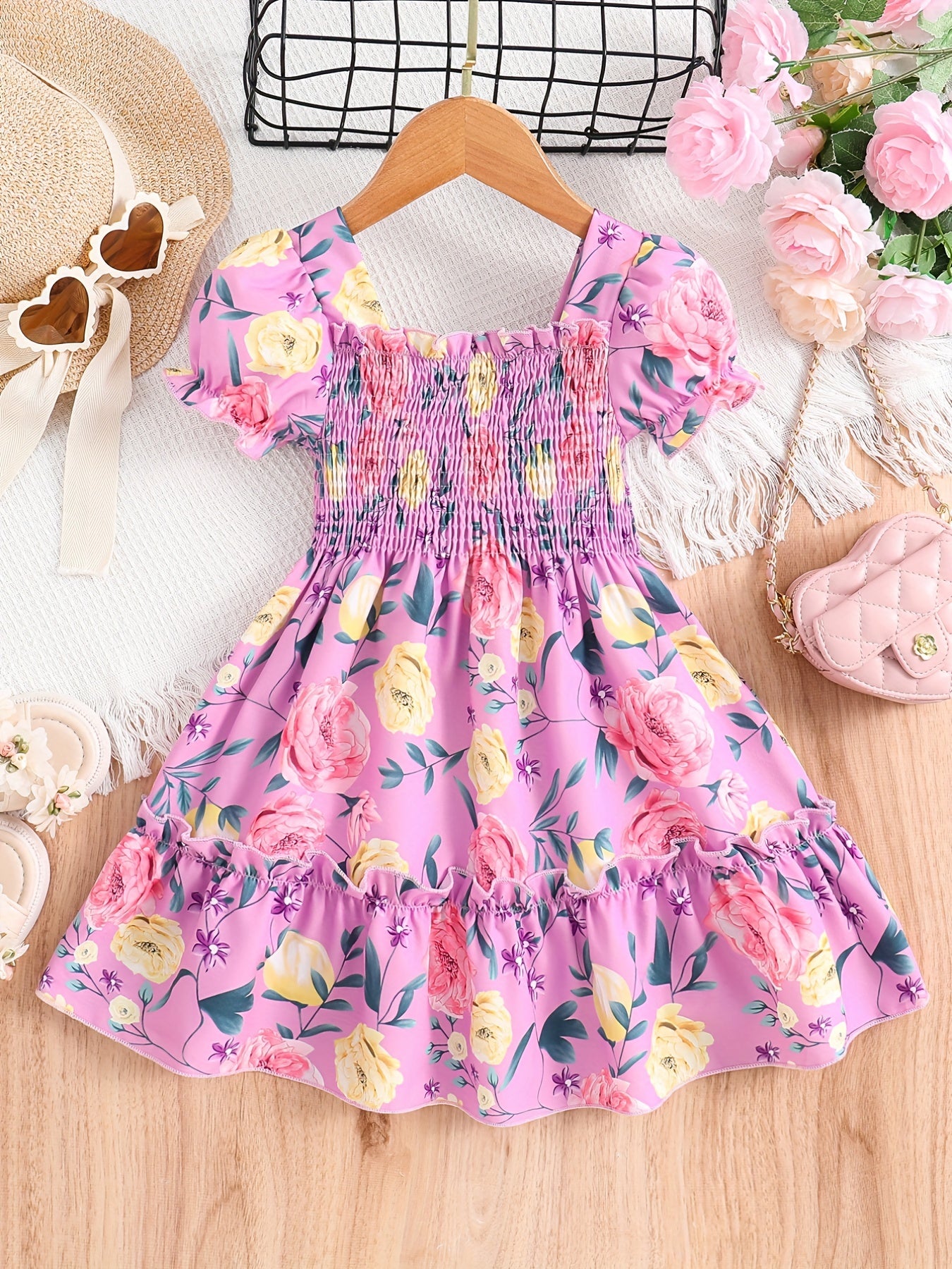 Girls Puff Sleeve Floral Shirred Ruffled Hem Party Dress Kids Summer Clothes