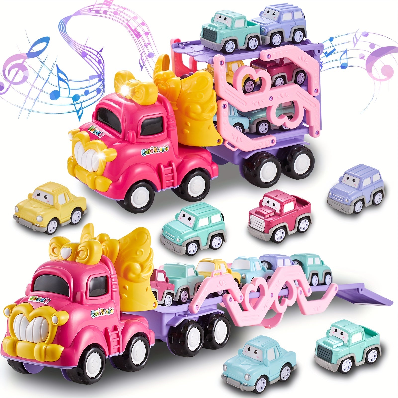 Toddler Car Toys 7-in-1 Pink Princess Foldable Transport Carrier Trucks For Baby | Lights & Music | 3 Layer Transformable Carriage Set | (Bowknot)