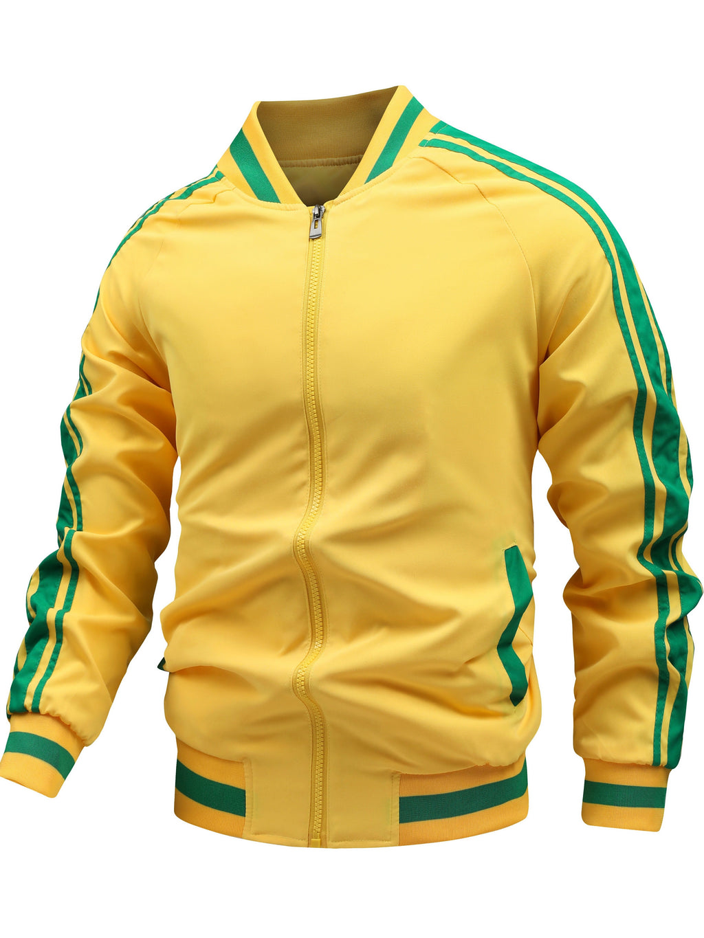 Men's Color Block Graphic Sports Jacket, Casual Striped Zip Up Varsity Jacket For Outdoor Fall Winter