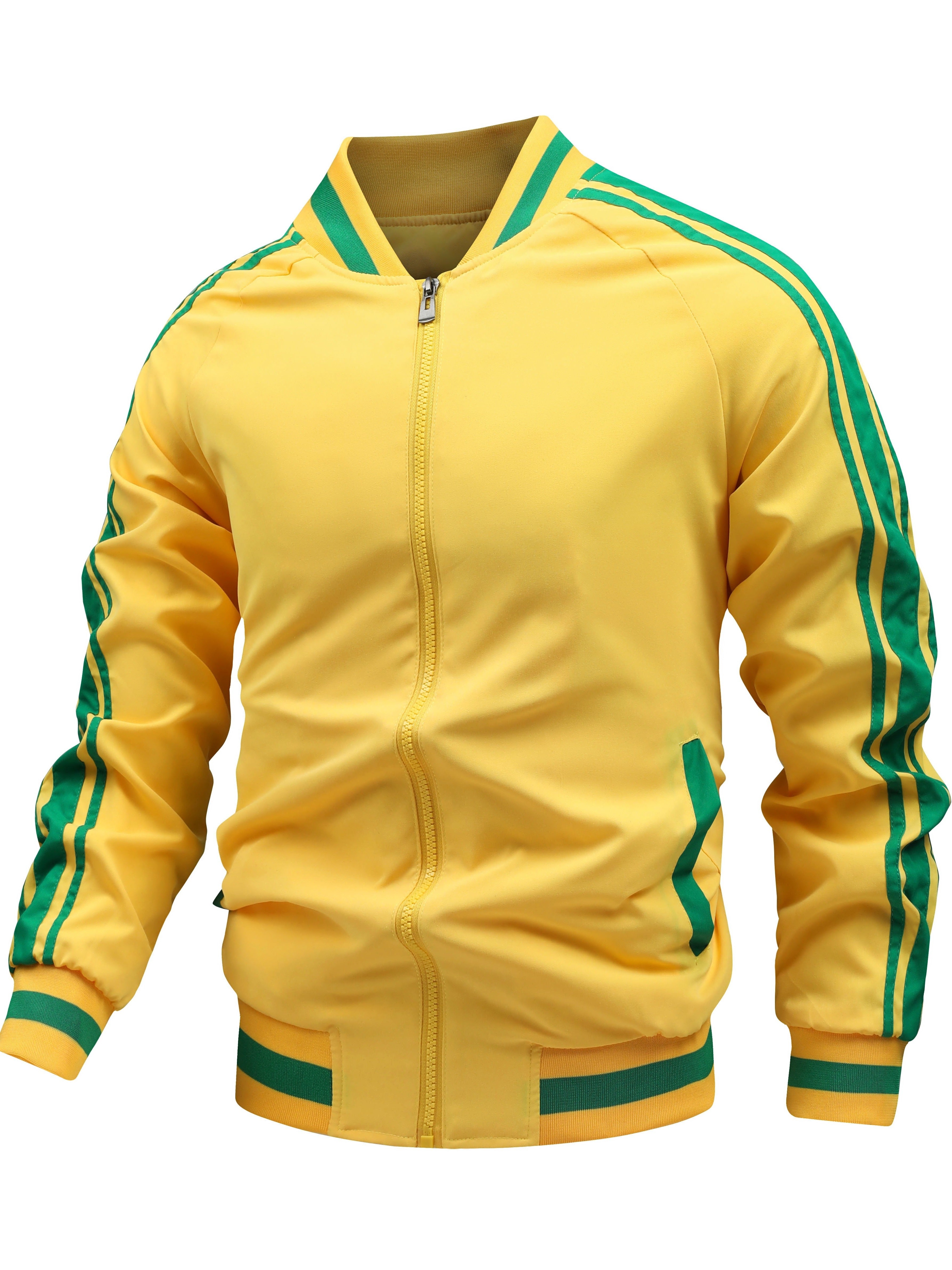 Men's Color Block Graphic Sports Jacket, Casual Striped Zip Up Varsity Jacket For Outdoor Fall Winter
