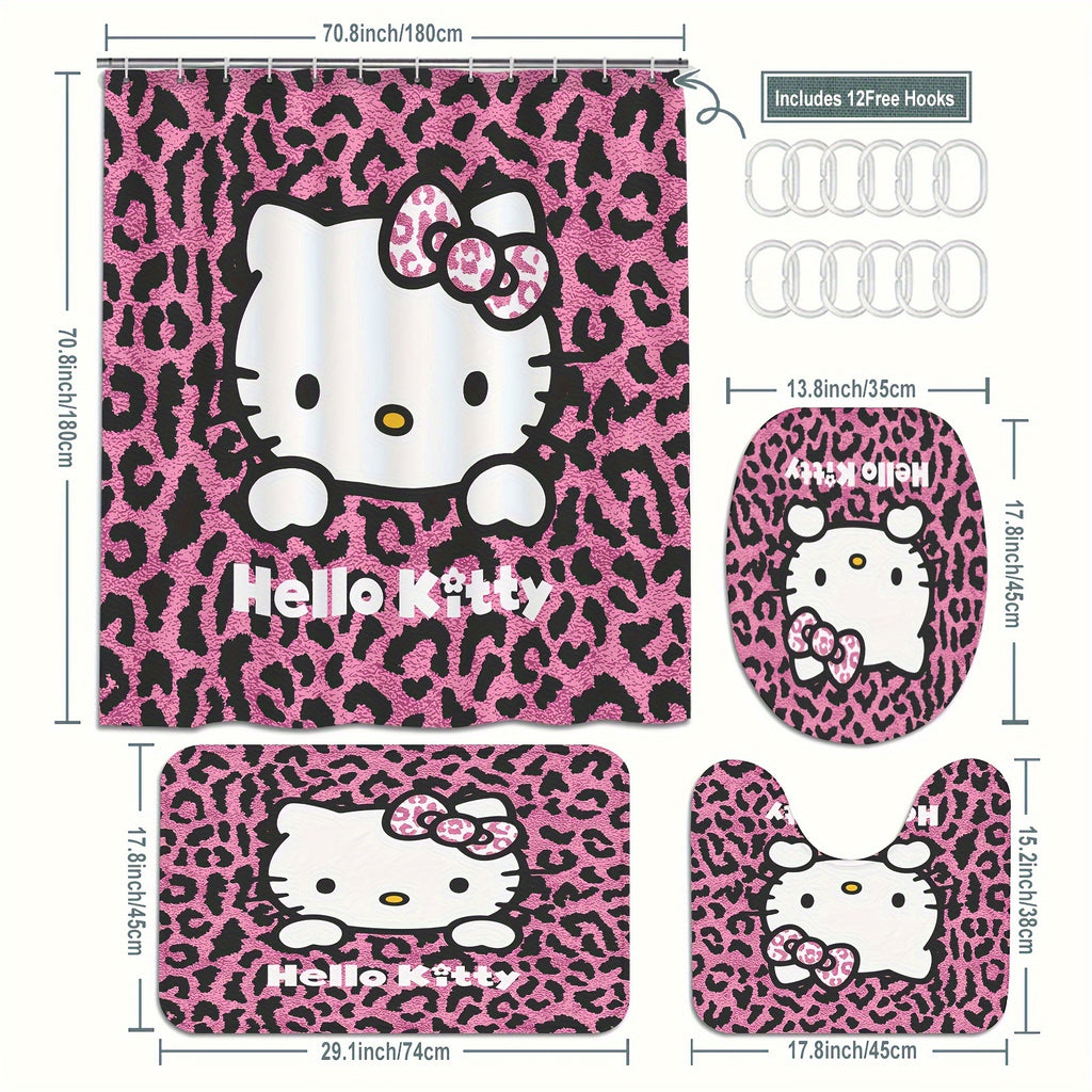 Sanrio Hello Kitty 1/3/4 Piece Shower Curtain Set with Grommet, Stain Resistant, Machine Washable, Knit Weave, All-Season Polyester Bathroom Decor with Shower Curtain and Rugs