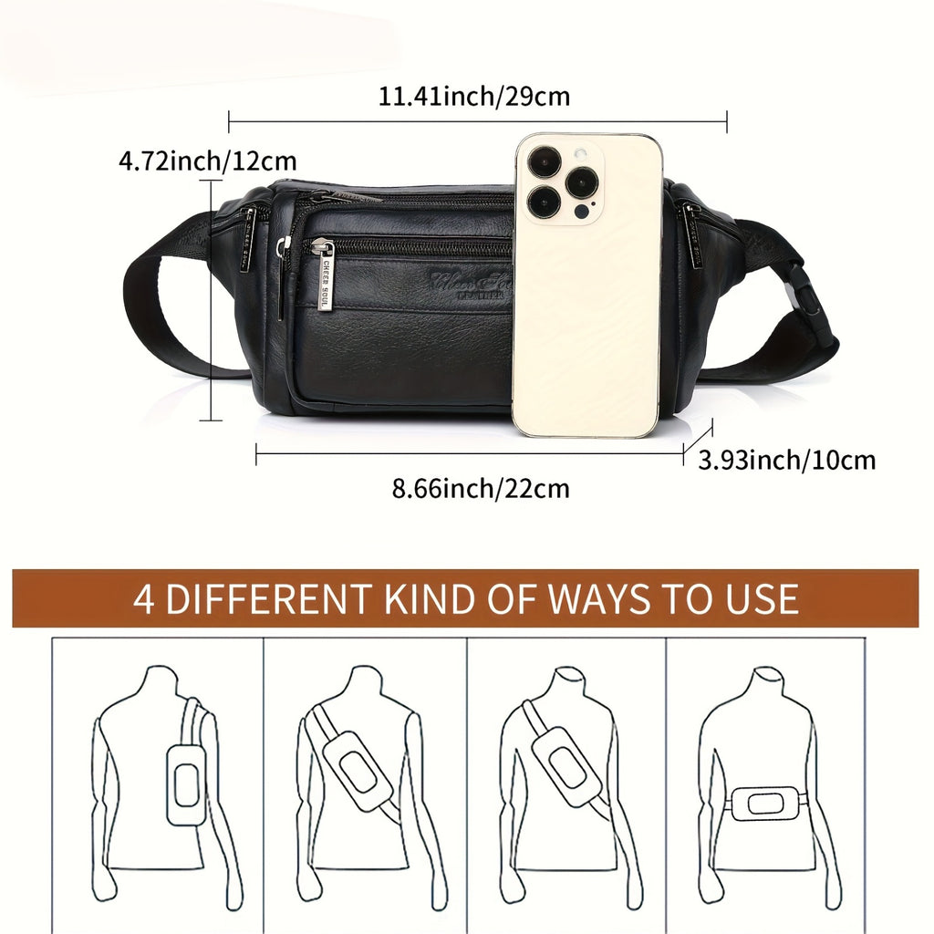 Genuine Leather Men's Waist Bag/Women's Multifunctional Hip Bag/Stylish Multi-Pocket Travel Sports Backpack for Hiking, Cycling, Fishing, And Running