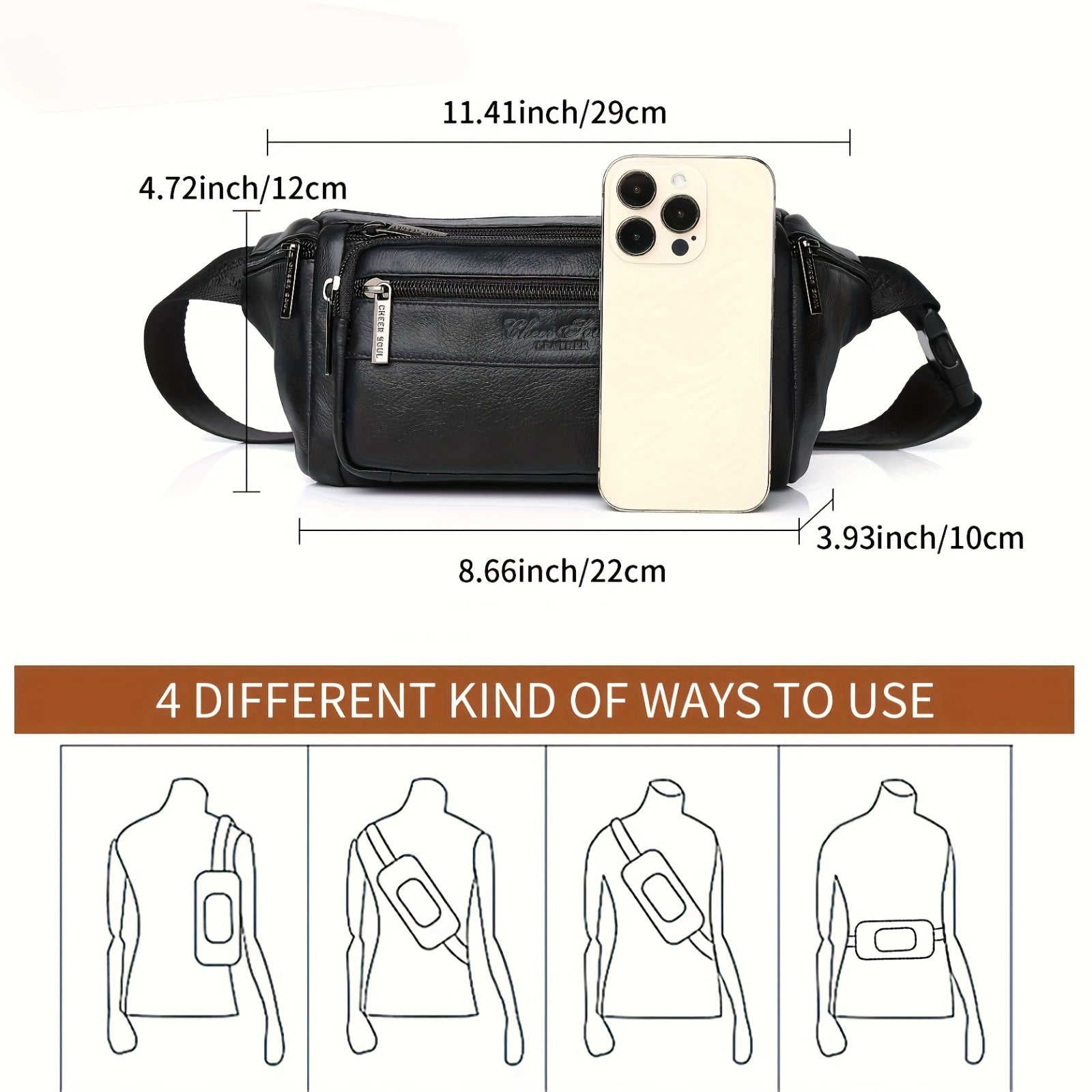 Genuine Leather Men's Waist Bag/Women's Multifunctional Hip Bag/Stylish Multi-Pocket Travel Sports Backpack for Hiking, Cycling, Fishing, And Running