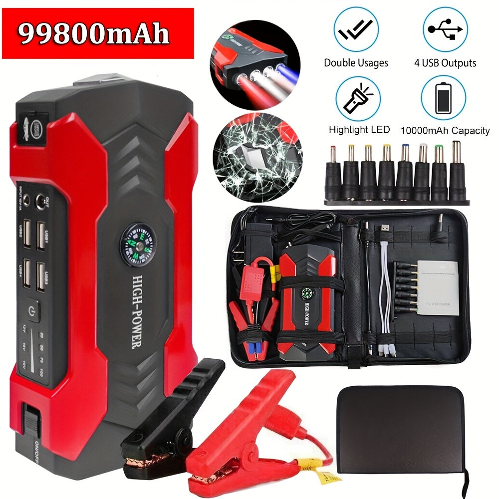 Portable 12V Car Jump Starter - LED Flashlight Emergency Power Battery Booster for Automotive, Motorcycle, Trucks, SUV - Compact, Rechargeable, Multi-Functional, and Safe