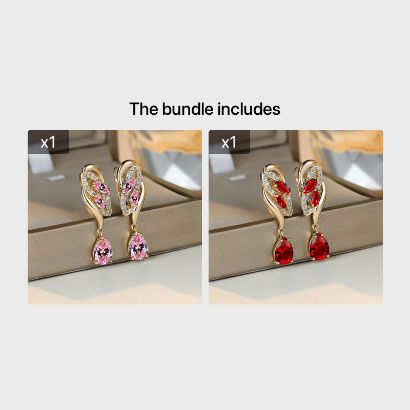 ANGOL Romantic Flower Dangle Earrings for Women - Golden-Tone Floral Design with Red & Clear Synthetic Gemstones, Elegant Party & Everyday Jewelry Gifts