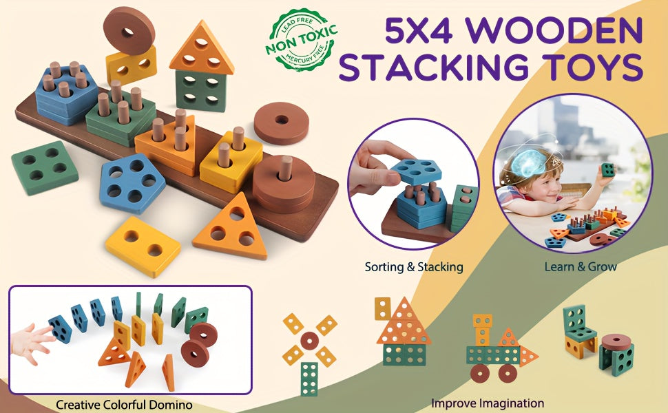 6-in-1 motor skills toys, sensory teething ring toys, baby wooden sorting and stacking toys, gifts for girls and boys 6, 9, 12 months 1, 12, and 3 years old children learning toys