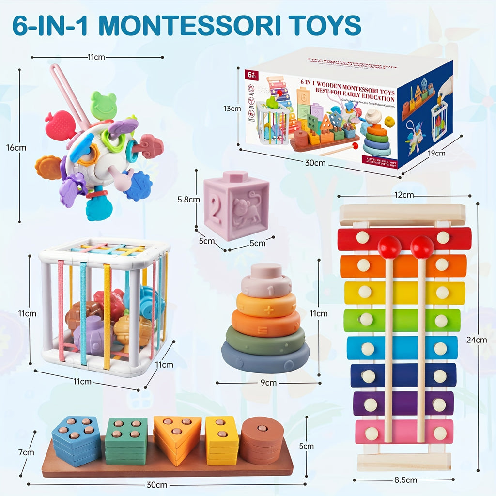 6-in-1 motor skills toys, sensory teething ring toys, baby wooden sorting and stacking toys, gifts for girls and boys 6, 9, 12 months 1, 12, and 3 years old children learning toys