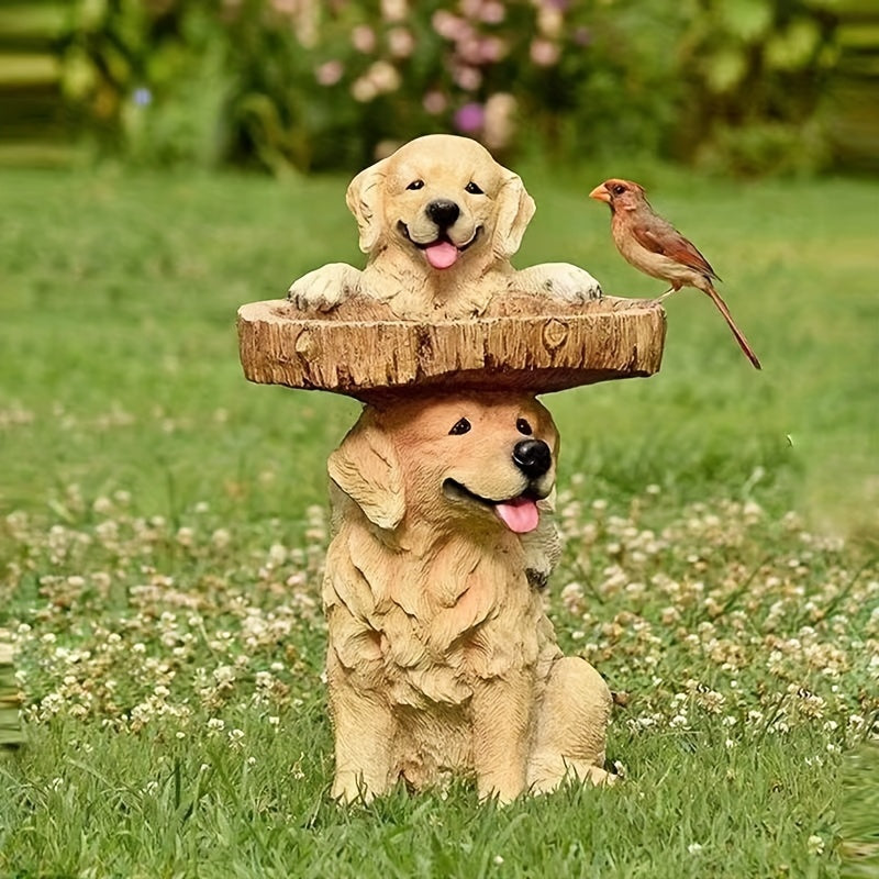 1pc Rustic Resin Golden Retriever Bird Feeder & Water Bowl, Outdoor Garden Decor, Animal Ornament, Whimsical Pet Design