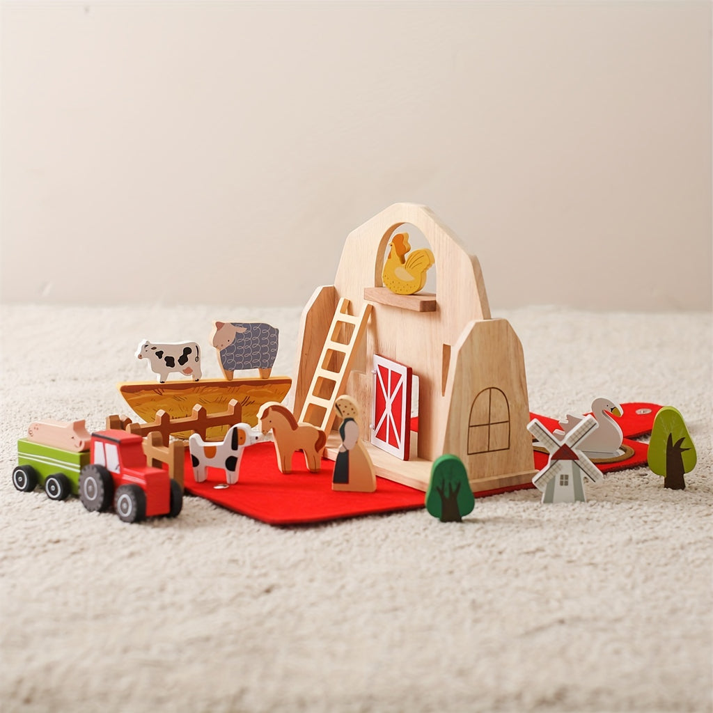 18pcs Farm Animals Barn Toys, Wooden Montessori Stacking For Toddlers Red Barn Toys Little People Farm Animal Toys Farm Pretend Playset With Barn & Farmer, halloween, christmas gift