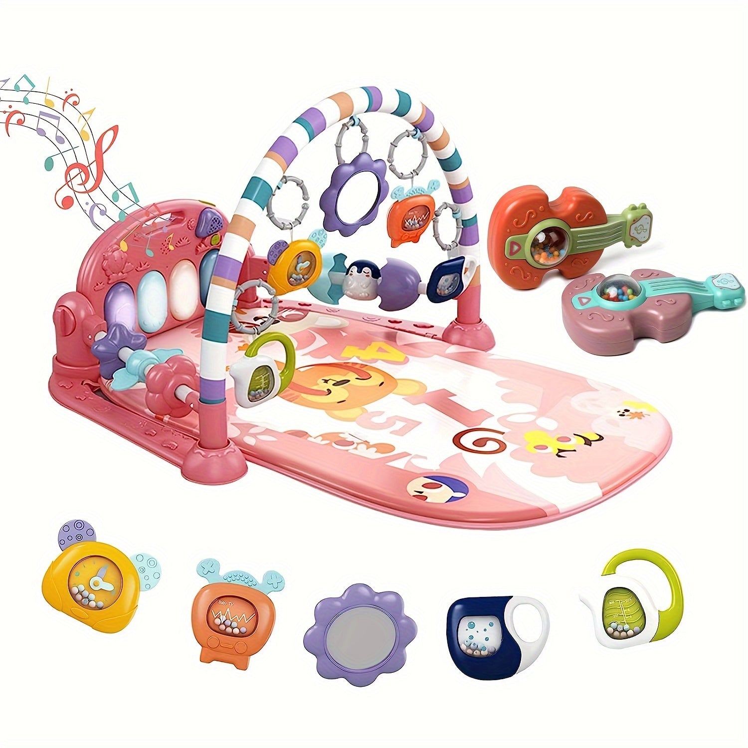 Baby Play Mat Baby Gym, Funny Play Piano Tummy Time Baby Activity Mat With 5 Infant Sensory Baby Toys & 2 Guitar Rattles, Boy & Girl Gifts For Newborn Baby 0 To 3 6 9 12 Months