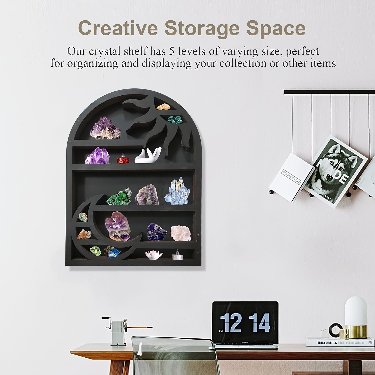 [Bohemian Wooden Display Rack] Wooden Moon & Sun Storage Rack - Wall-Mounted Crystal Display for Scented Candles and Stones, Bohemian Home Decor