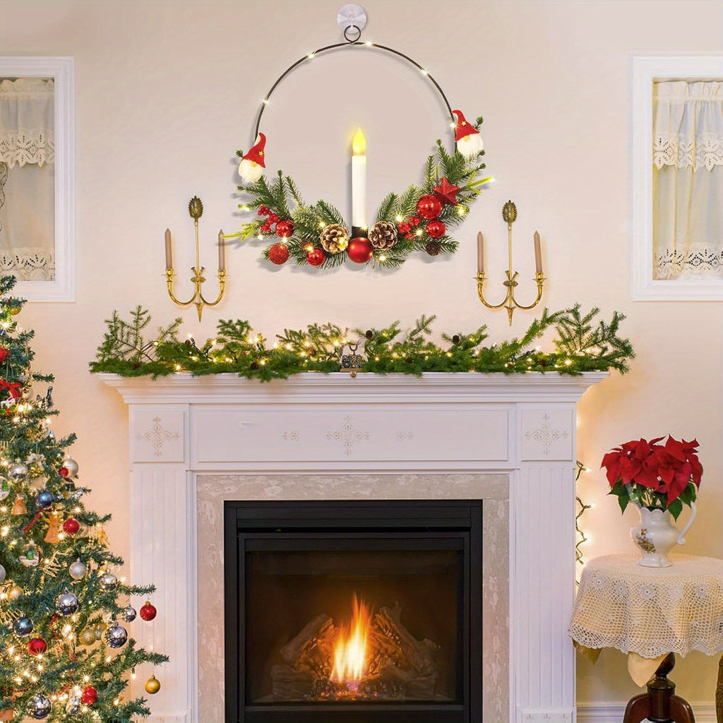 2-Pack ASPMIZ Traditional Christmas Wreaths with LED Lighted Taper Candles, Remote Control, Berries, Pine Cones - Wall Hanging Decor for Holiday, Winter - Plastic, Requires 2 AA Batteries (Not Included)