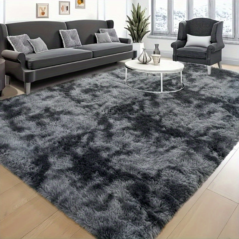 Luxurious Black and Grey Tie-Dye Shag Area Mat - Soft, Plush Modern Indoor Mat for Living Room or Bedroom Decor, Non-Slip, Machine Washable Polyester, Home Decor Mat | Modern Plush Mat | Polyester Fiber Mat, Rugs for Living R