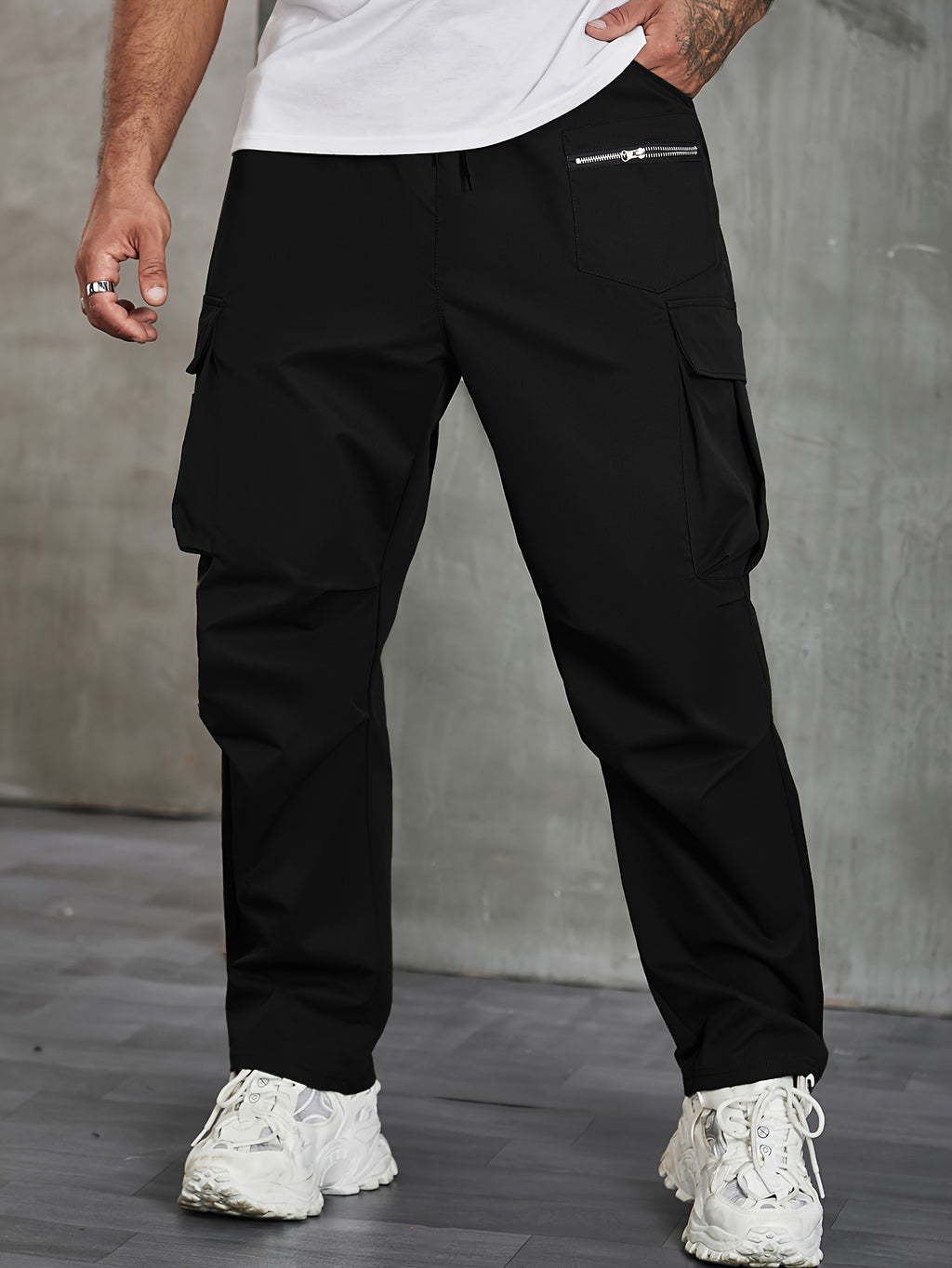 Plus Size Men's Solid Cargo Pants For Spring Fall, Outdoor Sports Pants For Males