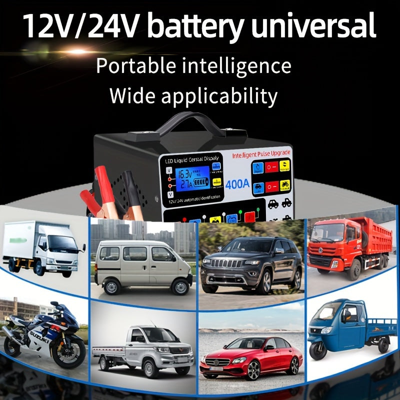 12V/24V Large Power Automotive Smart Pulse Repair Car Charger - Fast and Efficient Vehicle, Boat, Motorcycle Battery Charger with Advanced Safety Features and Multi-Protection