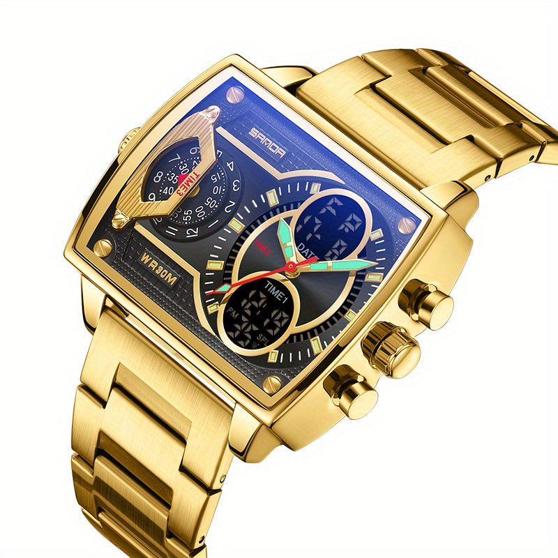 Large Dial Multi Time Zone Men's Watch, Square Dual Display Multifunctional Sports Watch with Dual Time Zone, Date, Alarm, and Stopwatch Functions