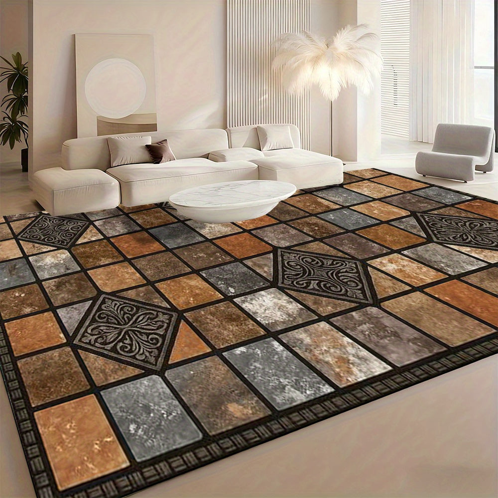 Area Rugs for The Living Room Featuring a Standard Elegant Retro Patchwork Design in Brown Geometric Patterns, Embodying Classic Chinese Style, Easy to Clean, Suitable for Outdoor Use, Courtyards, Rvs, And Picnics in Spring A