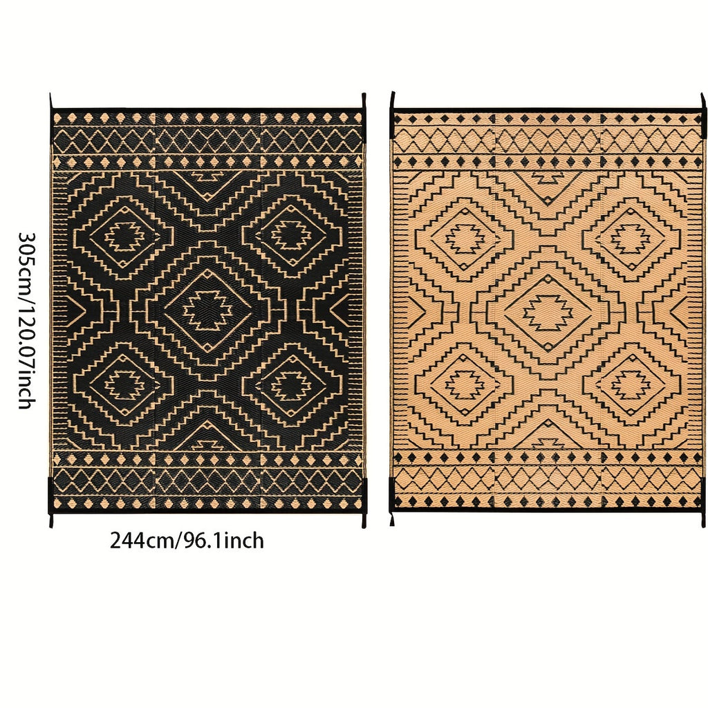 Large Outdoor Mat – Reversible Lightweight Straw Area Mat with Geometric Black & Beige Pattern for RV, Camping, Beach, and Patio Decor, Outdoor Rugs