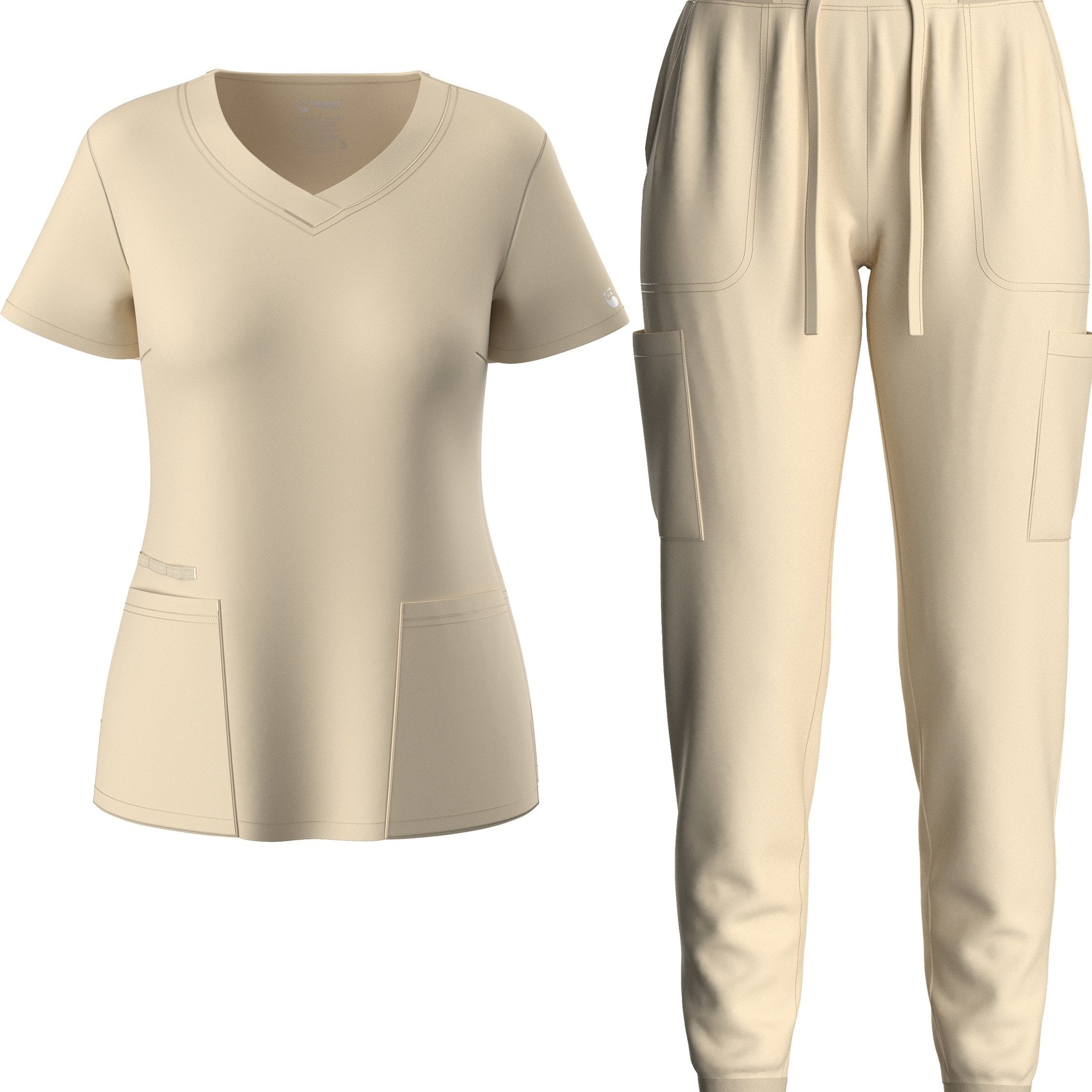two-piece Elegant Two-Piece Scrub Set for Women: Short Sleeve V Neck Top & Drawstring Pants