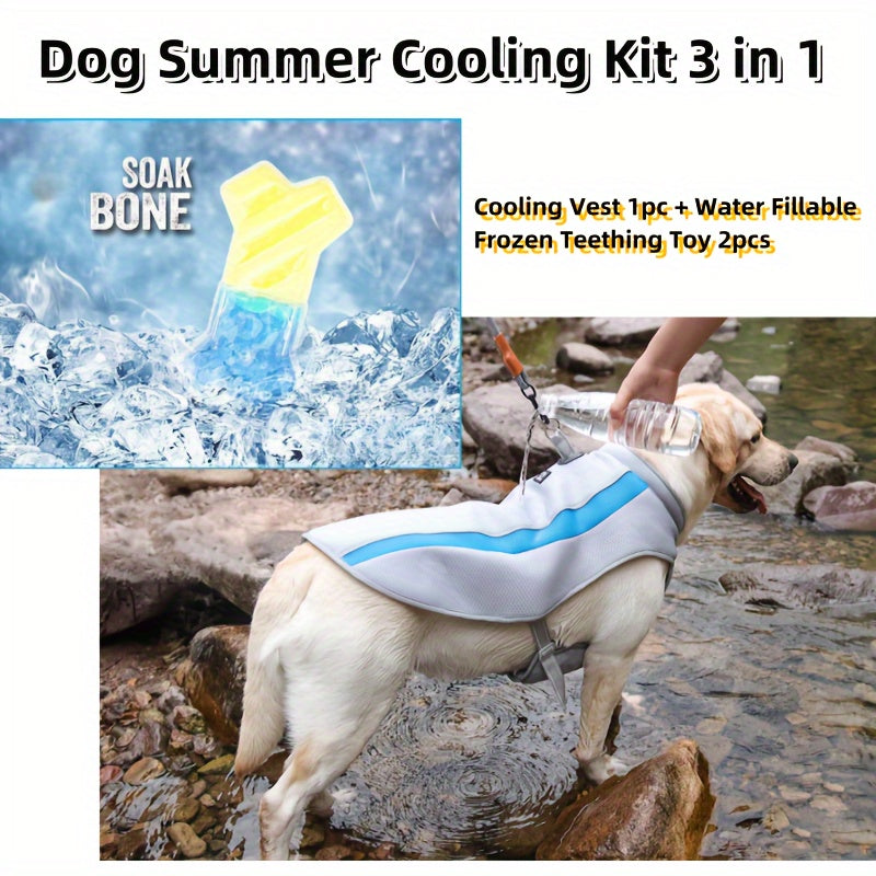 3-In-1 Dog Cooling Kit: Breathable Vest & 2 Freezable Chew Toys For Medium/Large Breeds - Zip Closure, Cotton Blend