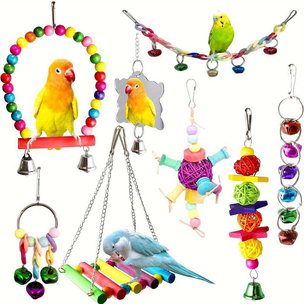 Colorful Wooden Bird Swing Toy with Mirror and Hanging Bridge -