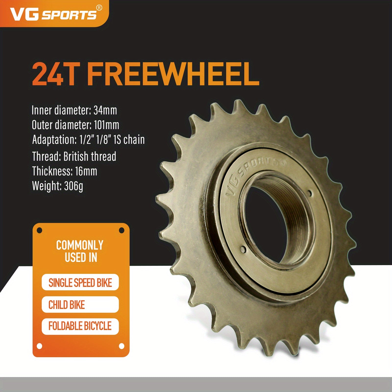 1pc VG Sports 16T/18T/20T/22T/24T 34MM Bicycle Flywheel Single Speed Bicycle Flywheel Sprocket 1 Speed Gear For BMX Flywheel Sprocket Gear Bike Accessories
