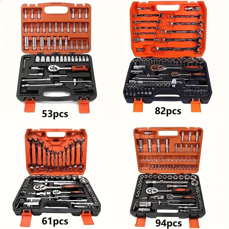 46/53/61/82/94pcs Mechanical Tool Kit Chrome Vanadium Steel Manual Tool Kit - Including Metric Ratchet, Socket, Wrench Kit For Automotive And Mechanical Repairs, Durable Non Battery Uncharged Tool Kit