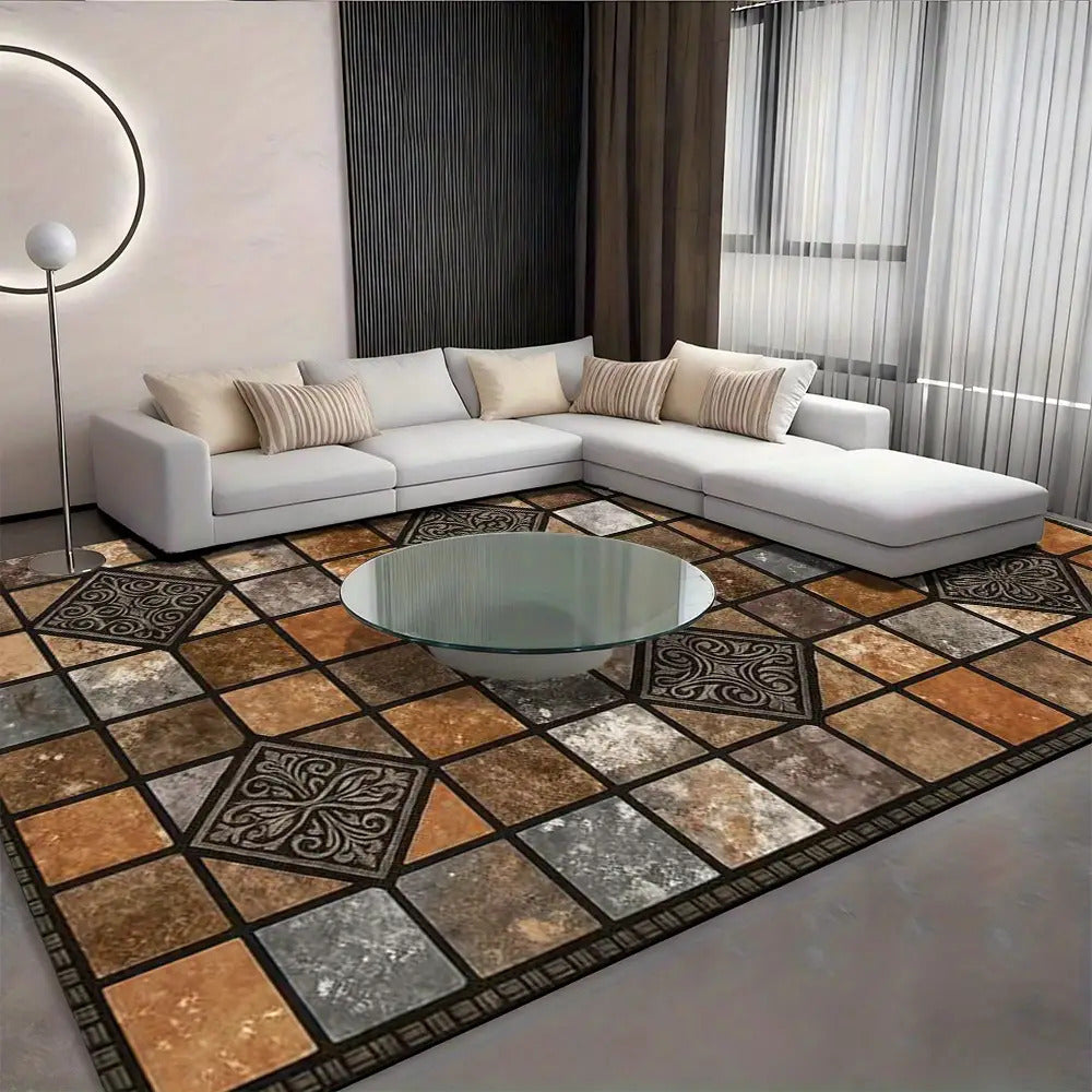Area Rugs for The Living Room Featuring a Standard Elegant Retro Patchwork Design in Brown Geometric Patterns, Embodying Classic Chinese Style, Easy to Clean, Suitable for Outdoor Use, Courtyards, Rvs, And Picnics in Spring A