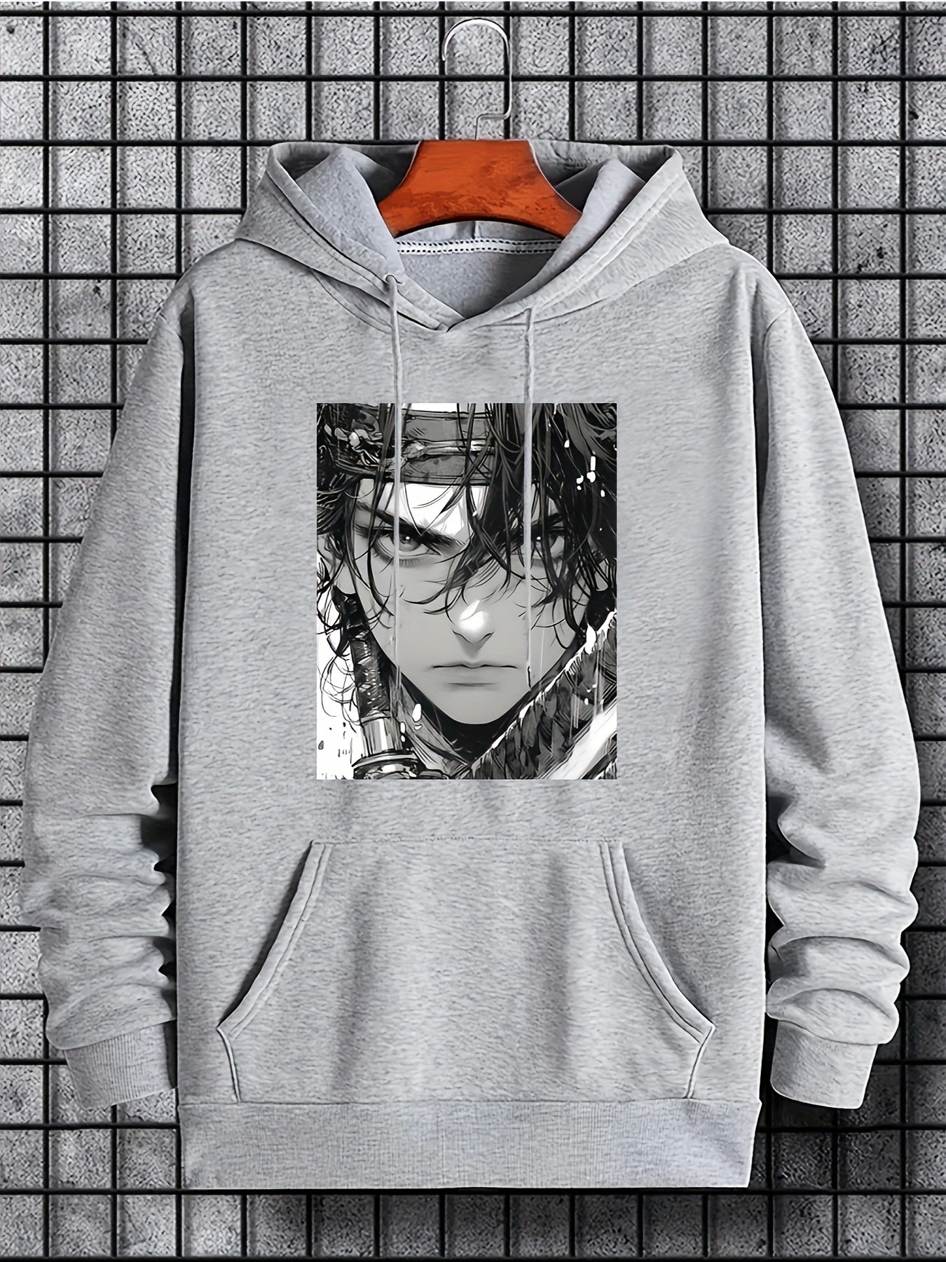 Mens Geometric Pattern Hooded Sweatshirt - Stretchy Pullover with Kangaroo Pocket, Applique Details, and Machine Washable Polyester Fabric - Casual Sports Style for Everyday Wear