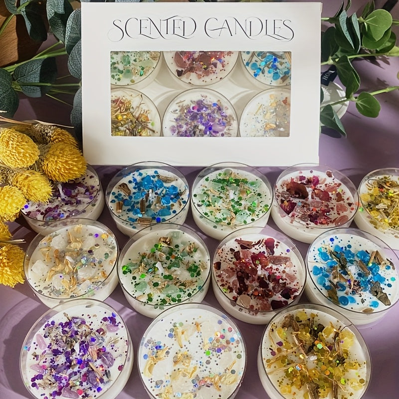Six Gift Boxes Containing Scented Candles Made with Crystal And Dried Flowers, Adorned with Colorful Sequins. Each Box Features Six Harmoniously Paired Fragrances That Can Elevate The Romantic Ambiance And Serve As Ideal Holi