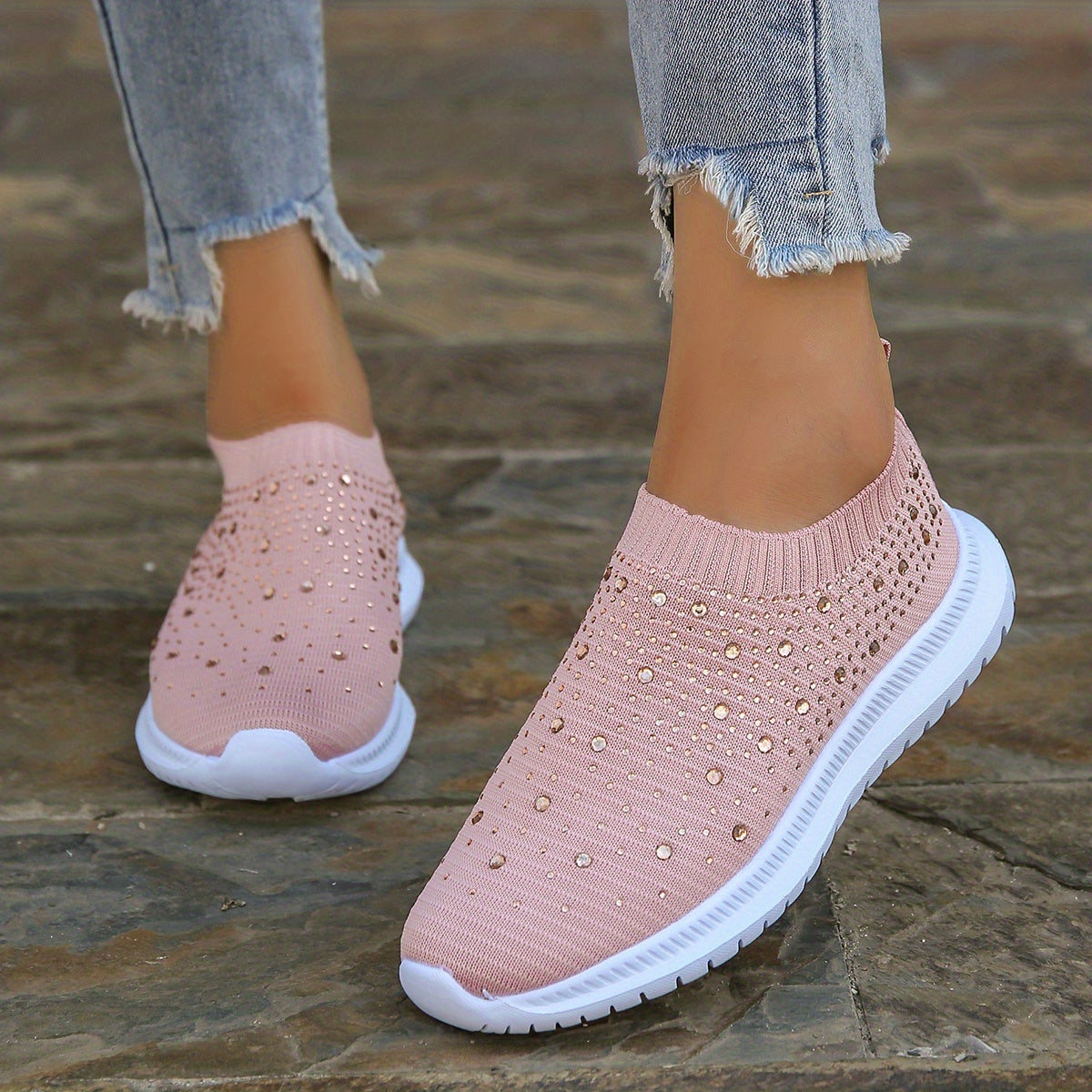 Women's Rhinestone Decor Slip-on Sneakers, Fly Woven Sports Shoes, Breathable Low Top Walking Shoes For Music Festival