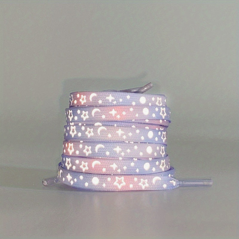 1 Pair Dazzling Holographic Reflective Star Moon Shoelaces - Double-Sided Luminous, AdjustableNighttime Running, Cycling,
