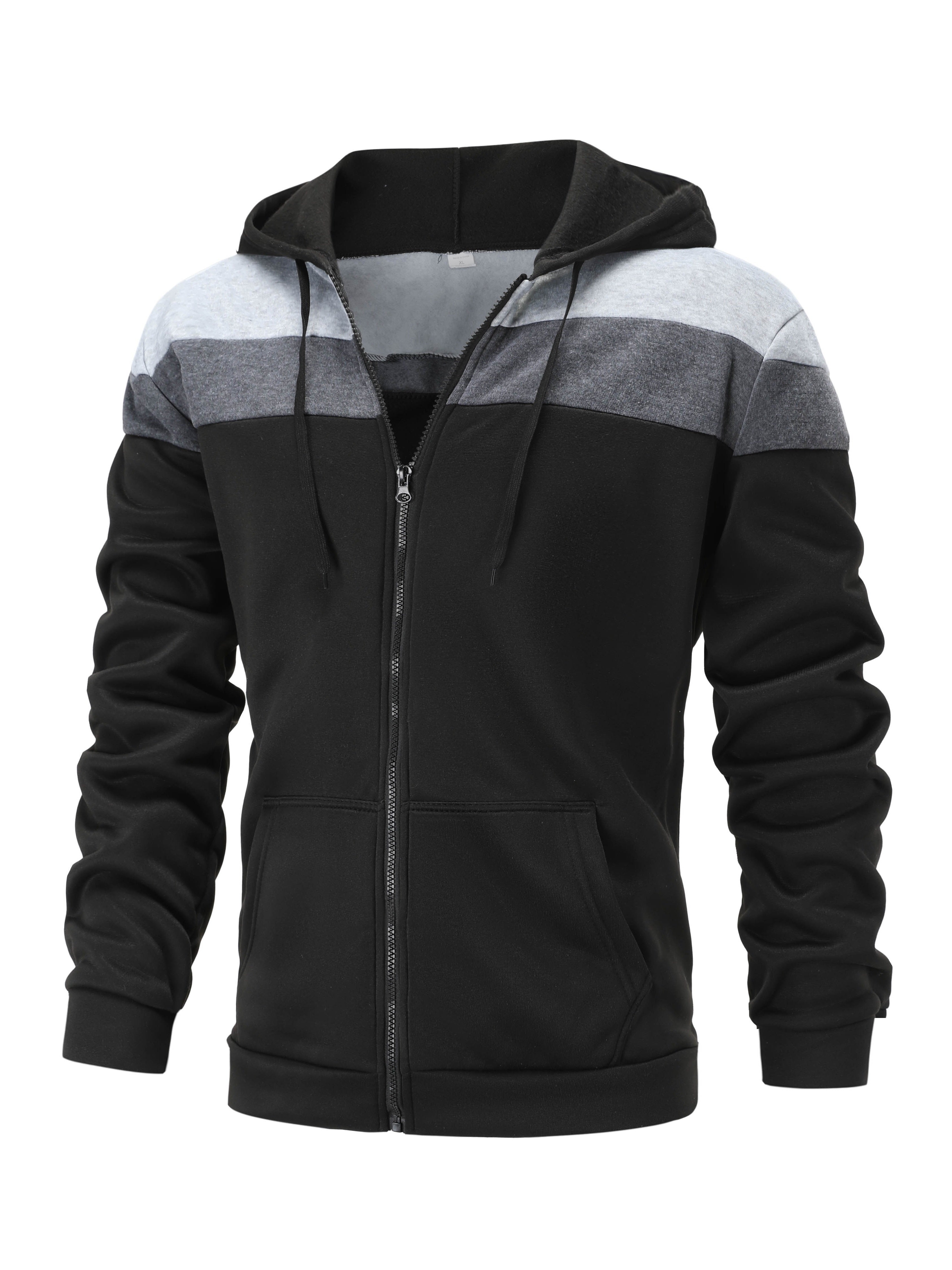 Men'S Casual Hooded Sweatshirt, Solid Color Zip-Up Pullover, Long Sleeve Polyester Knit Fabric, Regular Fit with Slight Stretch, 160gsm - Autumn/Winter Fashion