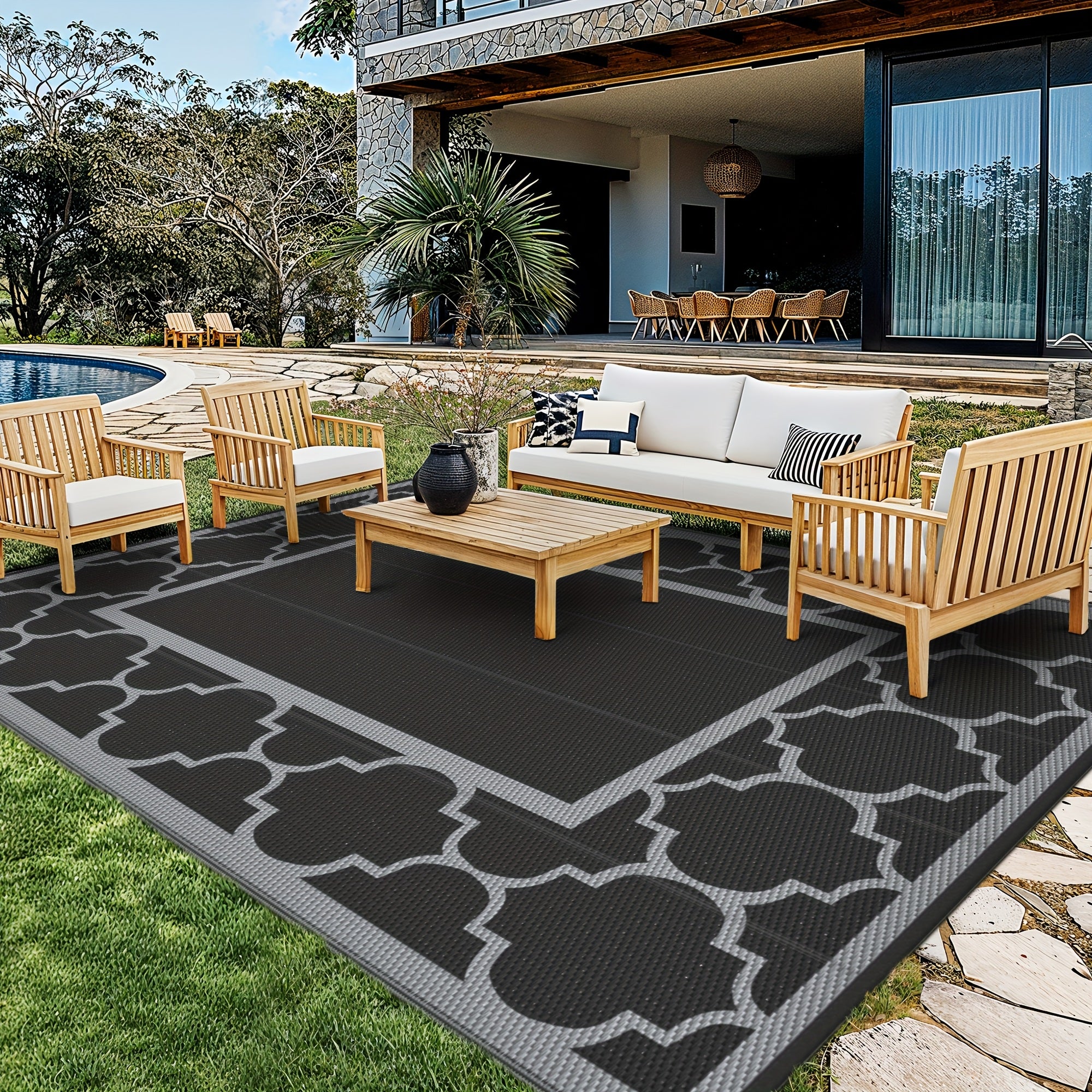 Outdoor Rug Patio Waterproof, Reversible Plastic Straw Area Rugs Mat For Camper Decor, Outside Carpet For Camping, Rv, Deck, Porch, Picnic, Beach, Balcony, Black & Grey