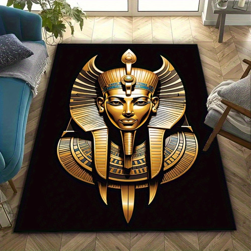 1pc Egyptian Pharaoh Statue Printed Area Mat - 100% Soft Polyester, Anti-Slip, Machine Washable, Rectangle Knit Weave with Vibrant Golden Design for Bedroom, Living Room, or Office Decor, Perfect for Holidays & Home Accents,