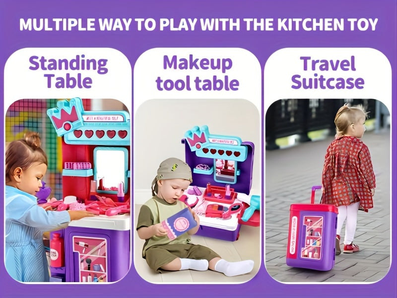 Jovow, Children's Dressing Table Set, 2-in-1 Dressing Table Luggage Trolley Box, Girl Pretending Makeup Toys, Princess Games, Lights And Music, Simulated Hair Dryer Lipstick, Halloween Christmas Gifts