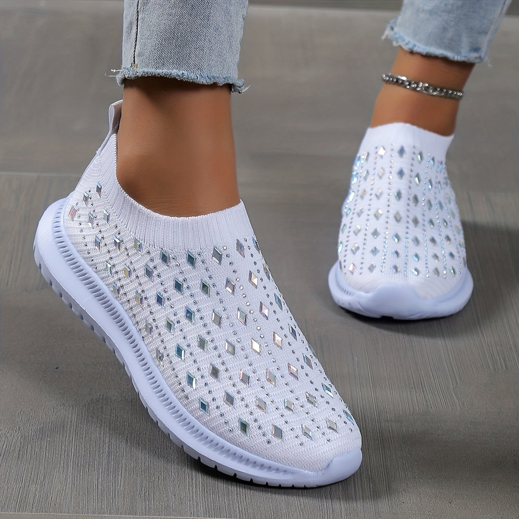 Women's Slip On Sock Shoes, Rhinestone Decor Knitting Low Top Sports Shoes, Breathable Walking Sneakers