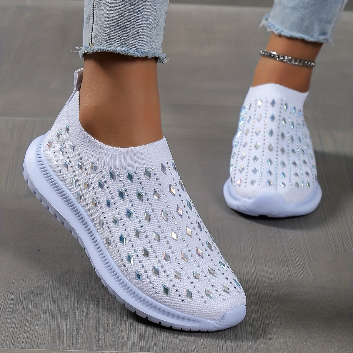 Women's Slip On Sock Shoes, Rhinestone Decor Knitting Low Top Sports Shoes, Breathable Walking Sneakers