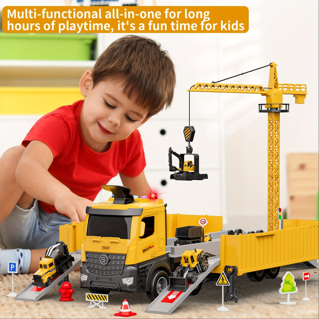 Construction Truck Toys Set - 3-6+ Years Old Boys' Carrier Truck with Crane, Excavator, Bulldozer, Dump Trucks, Cement Truck, Alloy Vehicle Toys for Christmas, Easter, Birthday Gifts