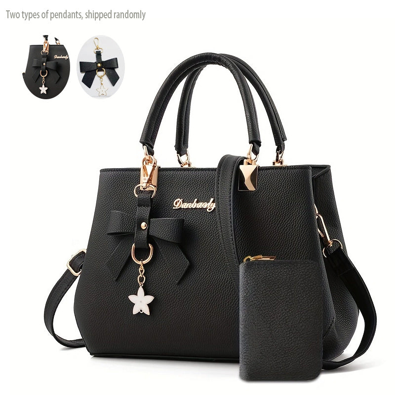 Chic Bow Decor Handbag for Women with Coin Purse, Adjustable Strap,