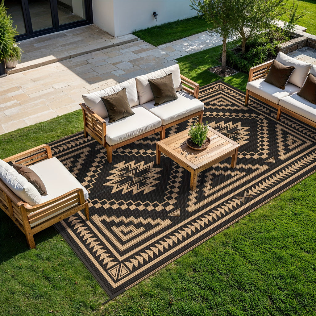 Reversible High Quality Outdoor Mat - Heavy-Duty Polypropylene Geometric Grid Pattern Mat, Lightweight Foldable with Storage Bag & Stakes for Patio, Deck, RV, Camping - Black/Brown, UV-Resistant &, Outdoor Rugs High Quality,