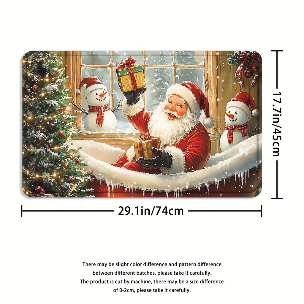 4pcs Red Christmas Santa Claus Shower Curtain Set, Curtain Set with Non-Slip Rugs, Toilet U-Shape Mat, Toilet Seat Cover, Machine Washable Curtain Set with 12 Hooks, Funny Christmas Santa with Snowman And Tree Shower Curtain