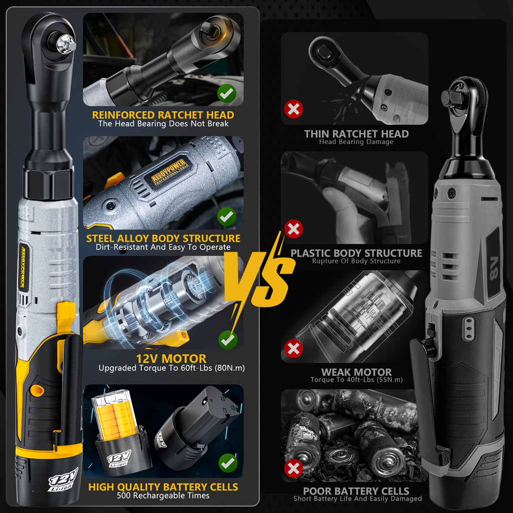 60 Ft-lbs High-Power Cordless Ratchet Wrench Set, 3/8" Drive, 12V, Variable Speed, Includes 2 Rechargeable Batteries,